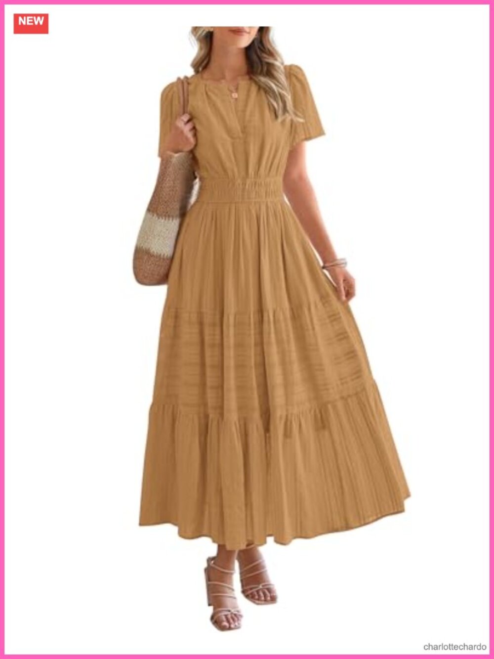 Womens Short Sleeve V Neck Tiered Maxi Dress Pockets Boho Beach